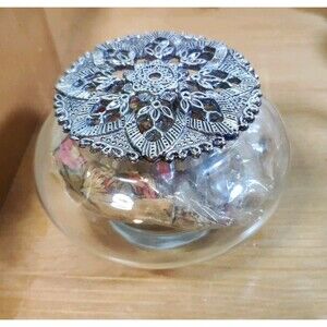 Vtg POTPOURRI DECORATOR CONTAINER GLASS & PEWTER Top W Original Potpourri